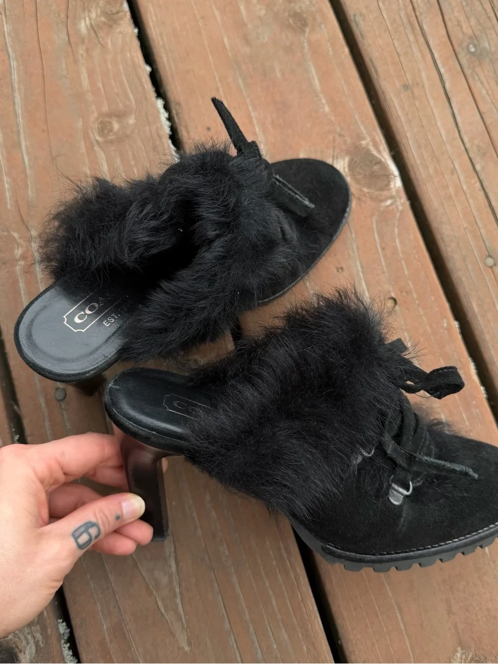 Coach Black Size 7 Fur Suede Lace-Up Mules